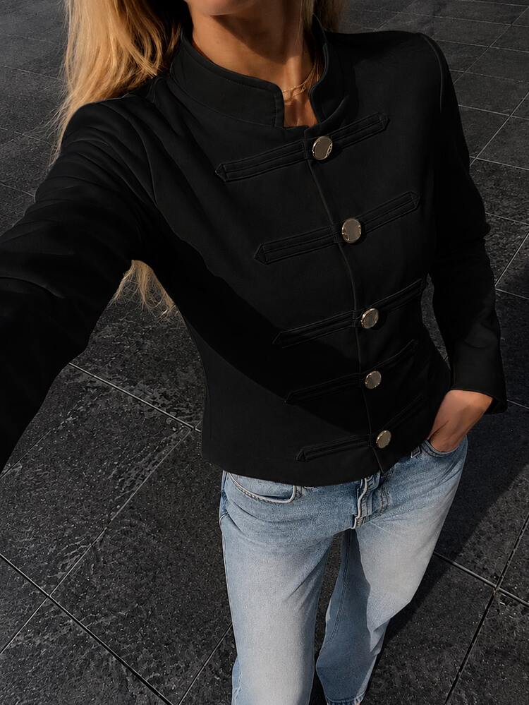 SHEIN PariChic Fall 2026 New Arrival Elegant Gold Button Stand Collar Long Sleeve Black Slim Fit Jacket - Black - View 4