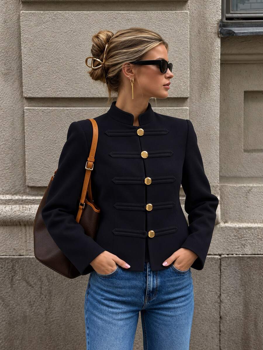 SHEIN PariChic Fall 2026 New Arrival Elegant Gold Button Stand Collar Long Sleeve Black Slim Fit Jacket - Black - View 1