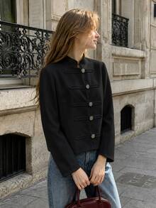 SHEIN PariChic 2026年秋季新品 優雅金色鈕扣立領長袖黑色修身夾克 - 黑色 - 查看 7