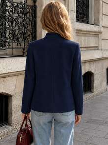SHEIN PariChic Spring Fall 2026 New Arrival Gold Button Loop Detail Office Casual Navy Blue Vintage Stand Collar Long Sleeve Fitted Cropped Jacket - Navy Blue - View 2