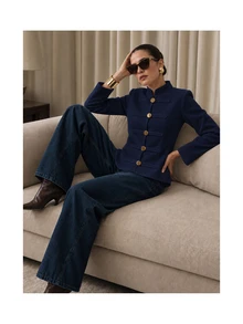 SHEIN PariChic Spring Fall 2026 New Arrival Gold Button Loop Detail Office Casual Navy Blue Vintage Stand Collar Long Sleeve Fitted Cropped Jacket - Navy Blue - View 4