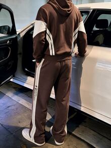 STEELVANCE Men's Striped Long Sleeve Hooded Sweatshirt And Sweatpants Casual Set, Brown Panel - Coffee Brown - View 2