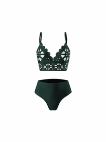 SHEIN Swim 3件套女士夏季新款纯色吊带背心上衣、高腰泳裤、镂空长款沙滩裙、高端时尚度假比基尼套装 - 綠色 - 查看 5