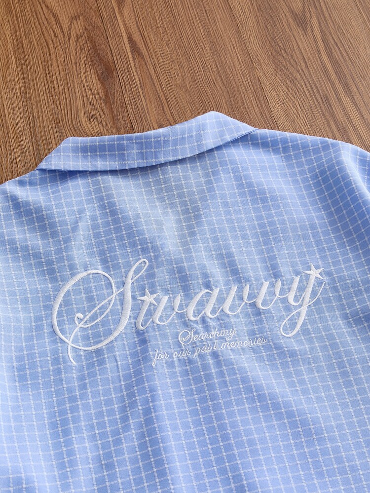 SWAVVY Camisa casual de hombre con estampado de cuadros y bordado de letras, otoño - Azul - Añade 6