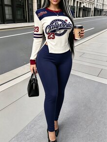 Dekonique Dekonique 女款字母拼色印花腰部開衩長袖上衣與長褲兩件套 - 彩色 - 查看 3