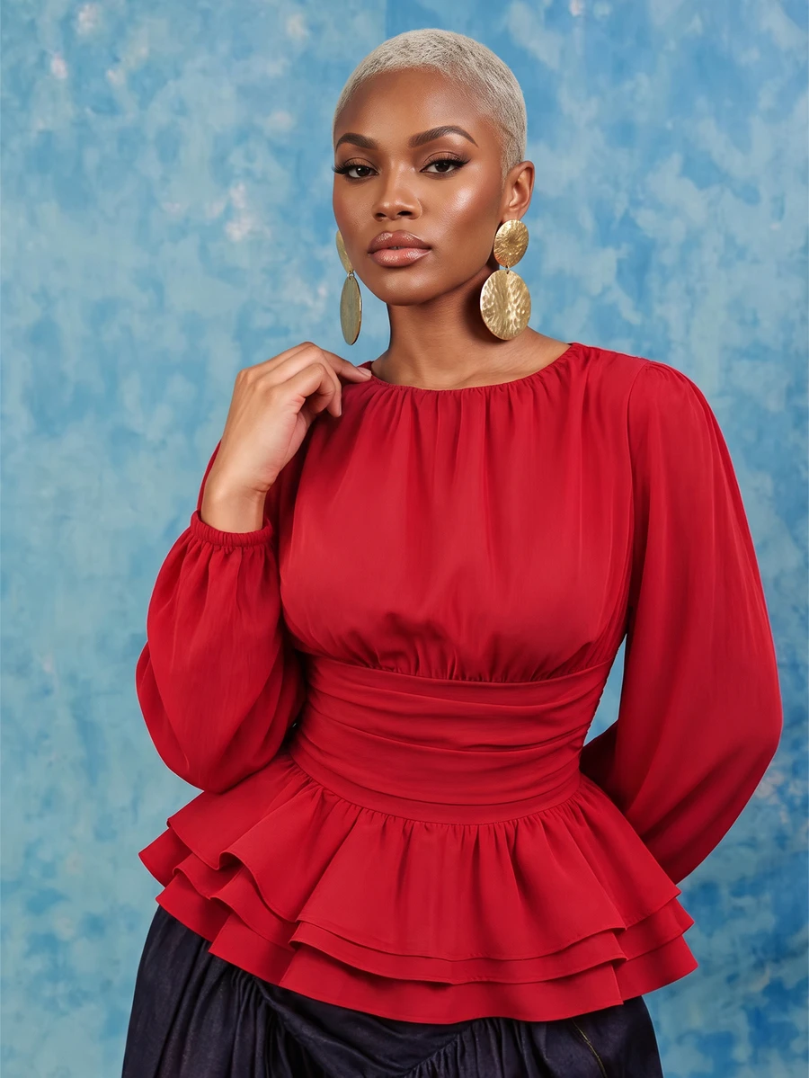 SHEIN Lunessa Women's Round Neck Pleated Long Sleeve Layered Ruffle Blouse - Red - View 1