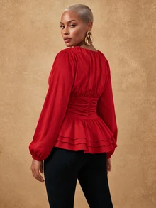 SHEIN Lunessa Women's Round Neck Pleated Long Sleeve Layered Ruffle Blouse - Red - View 2
