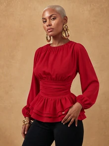 SHEIN Lunessa Women's Round Neck Pleated Long Sleeve Layered Ruffle Blouse - Red - View 5