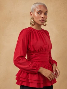 SHEIN Lunessa Women's Round Neck Pleated Long Sleeve Layered Ruffle Blouse - Red - View 6