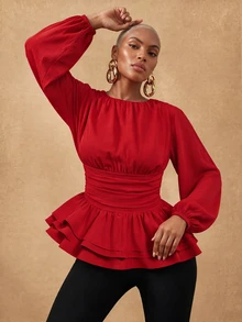 SHEIN Lunessa Women's Round Neck Pleated Long Sleeve Layered Ruffle Blouse - Red - View 4