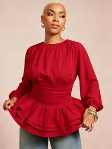 SHEIN Lunessa Women's Round Neck Pleated Long Sleeve Layered Ruffle Blouse - Red - View 3