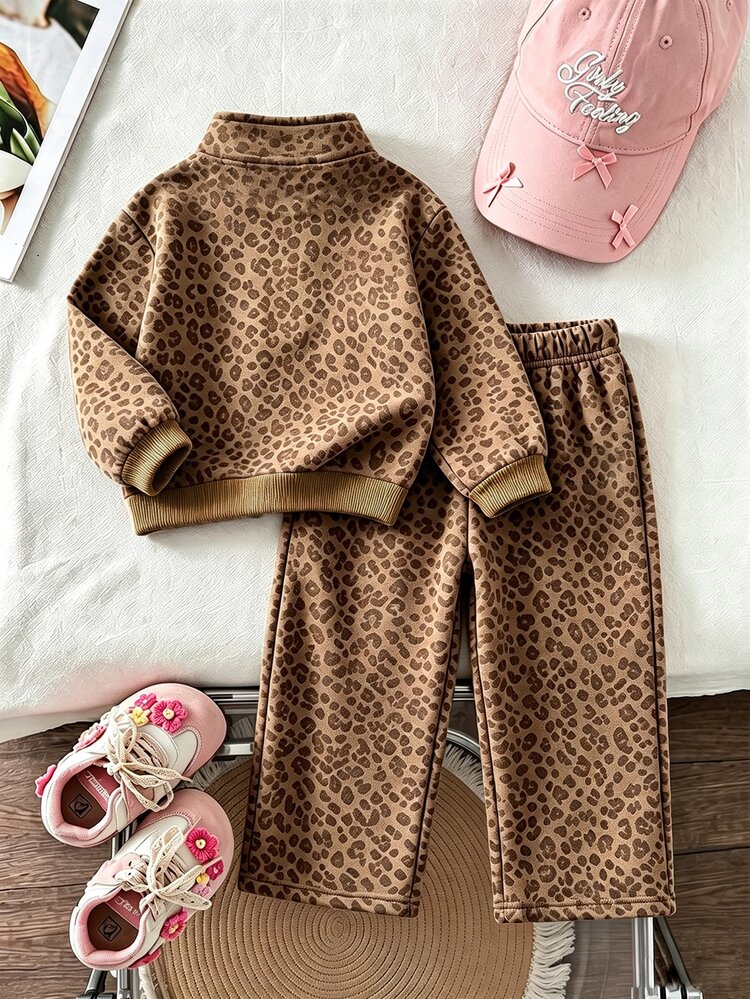 Young Girl 2-Piece Set Casual Fashion Spring Autumn Winter Girls Stand Collar Sweatshirt And Wide Leg Sweatpants Outfit, Leopard Print Pattern, Soft Fabric, Fashion Wide Leg Pants Style, Spring Autumn Winter Teen Girls Clothing Set, Girls Wide Leg Pants Outfit - Coffee Brown - View 4