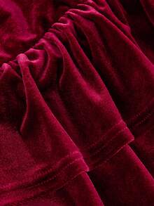 SHEIN 青少年女孩秋季酒紅色天鵝絨抹胸迷你裙，多層荷葉邊裙襬，適合聖誕節派對的紅色洋裝 - 酒紅色 - 查看 7