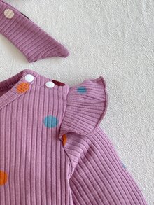 SHEIN Newborn Baby Purple Polka Dot Polka Dot Ruffled Sleeve Comfortable Knitted Jumpsuit Autumn Fall Going Family Matching Cute - Purple - View 5