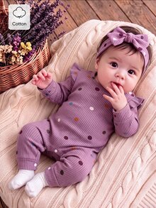 SHEIN Newborn Baby Purple Polka Dot Polka Dot Ruffled Sleeve Comfortable Knitted Jumpsuit Autumn Fall Going Family Matching Cute - Purple - View 2
