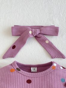 SHEIN Newborn Baby Purple Polka Dot Polka Dot Ruffled Sleeve Comfortable Knitted Jumpsuit Autumn Fall Going Family Matching Cute - Purple - View 4