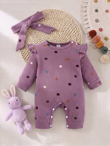 SHEIN Newborn Baby Purple Polka Dot Polka Dot Ruffled Sleeve Comfortable Knitted Jumpsuit Autumn Fall Going Family Matching Cute - Purple - View 8