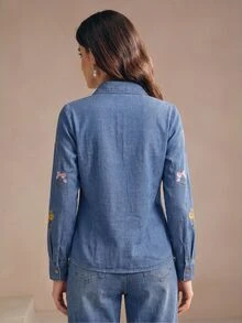 Anewsta Women's Fall/Winter Blue Denim Elegant Floral Embroidered Shirt Jacket Outerwear, Country Boho, Winter Clothes, Work Outfits Office Wear, Going Out - Blue - View 7