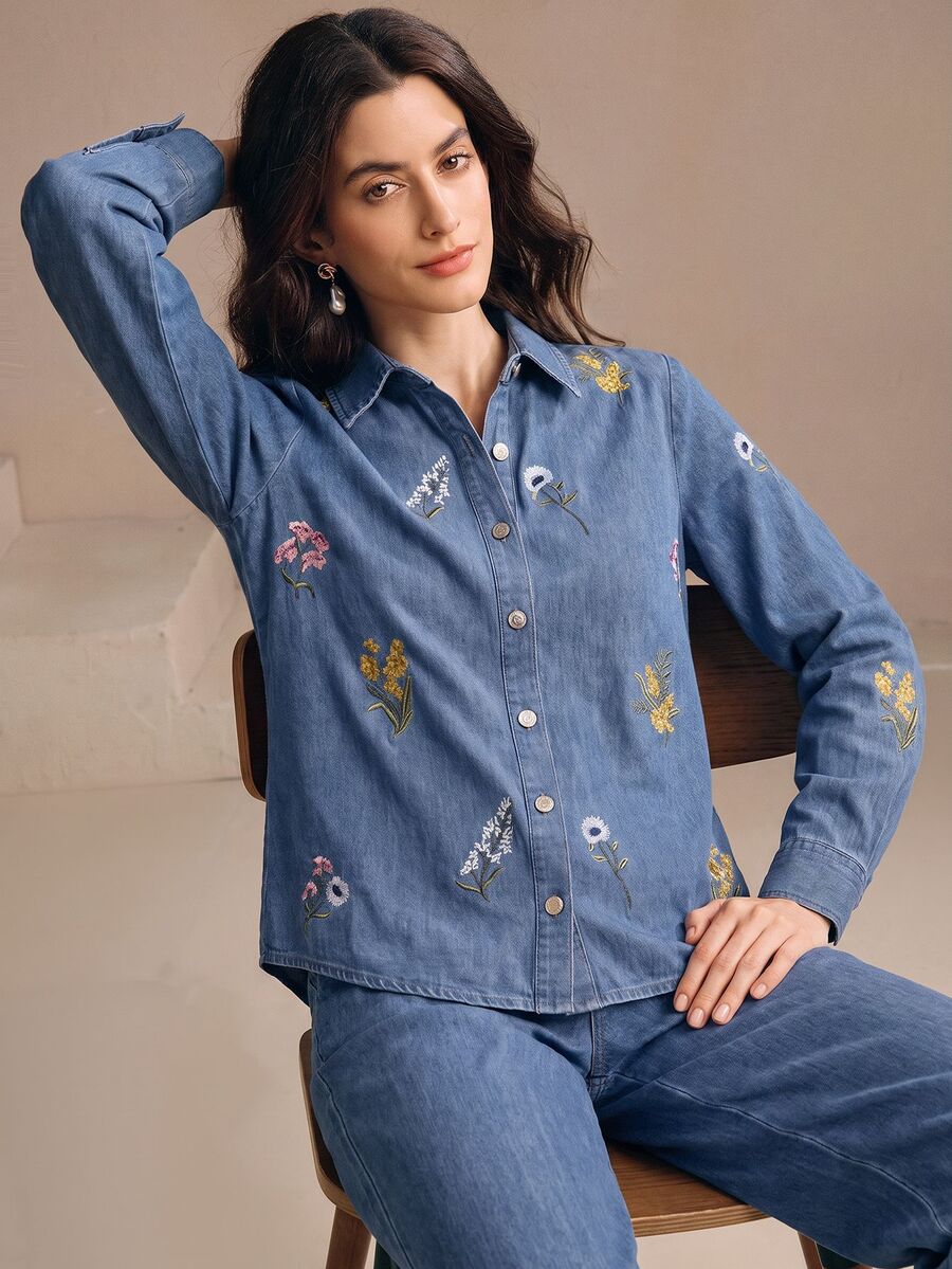 Anewsta Women's Fall/Winter Blue Denim Elegant Floral Embroidered Shirt Jacket Outerwear, Country Boho, Winter Clothes, Work Outfits Office Wear, Going Out - Blue - View 1