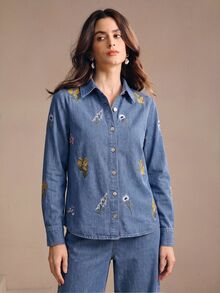 Anewsta Women's Fall/Winter Blue Denim Elegant Floral Embroidered Shirt Jacket Outerwear, Country Boho, Winter Clothes, Work Outfits Office Wear, Going Out - Blue - View 6