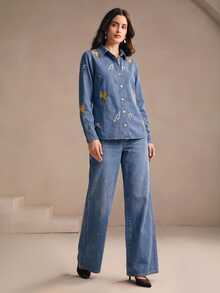 Anewsta Women's Fall/Winter Blue Denim Elegant Floral Embroidered Shirt Jacket Outerwear, Country Boho, Winter Clothes, Work Outfits Office Wear, Going Out - Blue - View 5