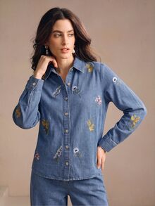 Anewsta Women's Fall/Winter Blue Denim Elegant Floral Embroidered Shirt Jacket Outerwear, Country Boho, Winter Clothes, Work Outfits Office Wear, Going Out - Blue - View 3