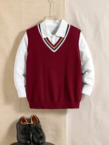 PrepCrw Kids Tween Boys' Casual V-Neck Contrast Trim Sleeveless Pullover Knit Autumn Winter Sweater Vest - Burgundy - View 2