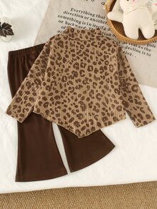 Baby Girls 2 Pieces Set Sweet Fashion Leopard Print Mock Neck Long Sleeve Asymmetrical Hem Top And Flared Pants Set, Soft Fabric, Suitable For Christmas Outings, Autumn/Winter - Multicolor - View 2