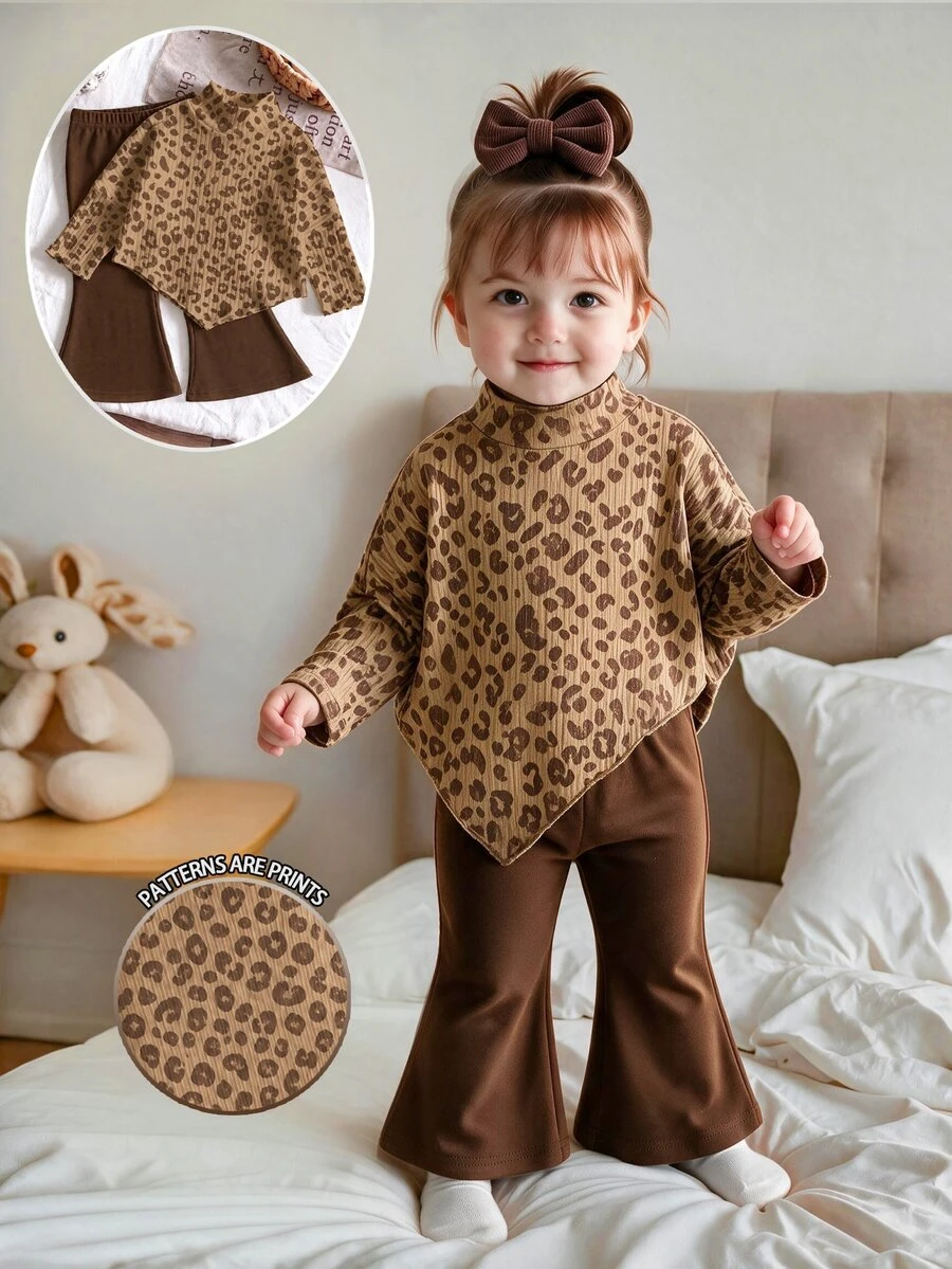 Baby Girls 2 Pieces Set Sweet Fashion Leopard Print Mock Neck Long Sleeve Asymmetrical Hem Top And Flared Pants Set, Soft Fabric, Suitable For Christmas Outings, Autumn/Winter - Multicolor - View 1