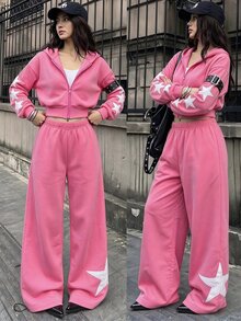 青少年女孩星星印花短版拉鍊連帽外套、細肩帶背心與寬腿長褲三件套，休閒街頭風春夏秋裝扮 - 玫紅色 - 查看 2