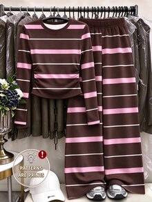 (1 Set) Tween Girls Autumn Casual Fashion Blue & Brown Horizontal Striped Pattern Ruched Waist Long Sleeve T-Shirt & Wide Leg Pants - Multicolor - View 4