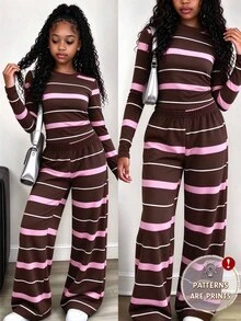 (1 Set) Tween Girls Autumn Casual Fashion Blue & Brown Horizontal Striped Pattern Ruched Waist Long Sleeve T-Shirt & Wide Leg Pants - Multicolor - View 3