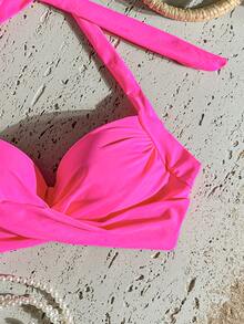 SHEIN Swim Women's Solid Color Pleated Halter Bikini Top Suitable For Summer Vacation Beach - Hot Pink - View 5