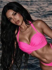 SHEIN Swim Women's Solid Color Pleated Halter Bikini Top Suitable For Summer Vacation Beach - Hot Pink - View 3