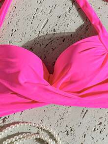 SHEIN Swim Women's Solid Color Pleated Halter Bikini Top Suitable For Summer Vacation Beach - Hot Pink - View 7