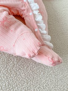 SHEIN Baby Girl Fall Footed Romper, Ribbed Bow Print Lace Trim Long Sleeve Newborn Jumpsuit, Cute Baby Outfit - Pink - View 6