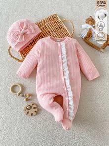 SHEIN Baby Girl Fall Footed Romper, Ribbed Bow Print Lace Trim Long Sleeve Newborn Jumpsuit, Cute Baby Outfit - Pink - View 3