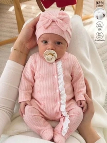 SHEIN Baby Girl Fall Footed Romper, Ribbed Bow Print Lace Trim Long Sleeve Newborn Jumpsuit, Cute Baby Outfit - Pink - View 1