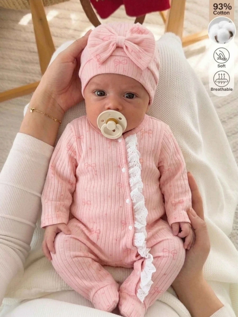 SHEIN Baby Girl Fall Footed Romper, Ribbed Bow Print Lace Trim Long Sleeve Newborn Jumpsuit, Cute Baby Outfit - Pink - View 1