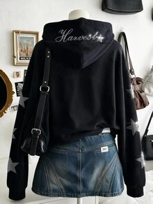 Collagica Collagica Áo nỉ hoodie kéo khóa nữ thời trang tối giản đính đá rhinestone sáng bóng, quà tặng cho bạn bè - màu đen - Xem 2
