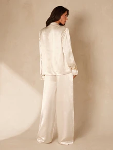 Glamine Women Cream Satin 2 Piece Suit, Lapel Single Button Blazer & Wide Leg Pants Set For Christmas Wedding Guest Formal Party Outfit - White - View 4