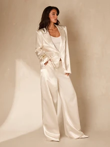 Glamine Women Cream Satin 2 Piece Suit, Lapel Single Button Blazer & Wide Leg Pants Set For Christmas Wedding Guest Formal Party Outfit - White - View 3