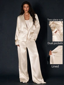 Glamine Women Cream Satin 2 Piece Suit, Lapel Single Button Blazer & Wide Leg Pants Set For Christmas Wedding Guest Formal Party Outfit - White - View 2