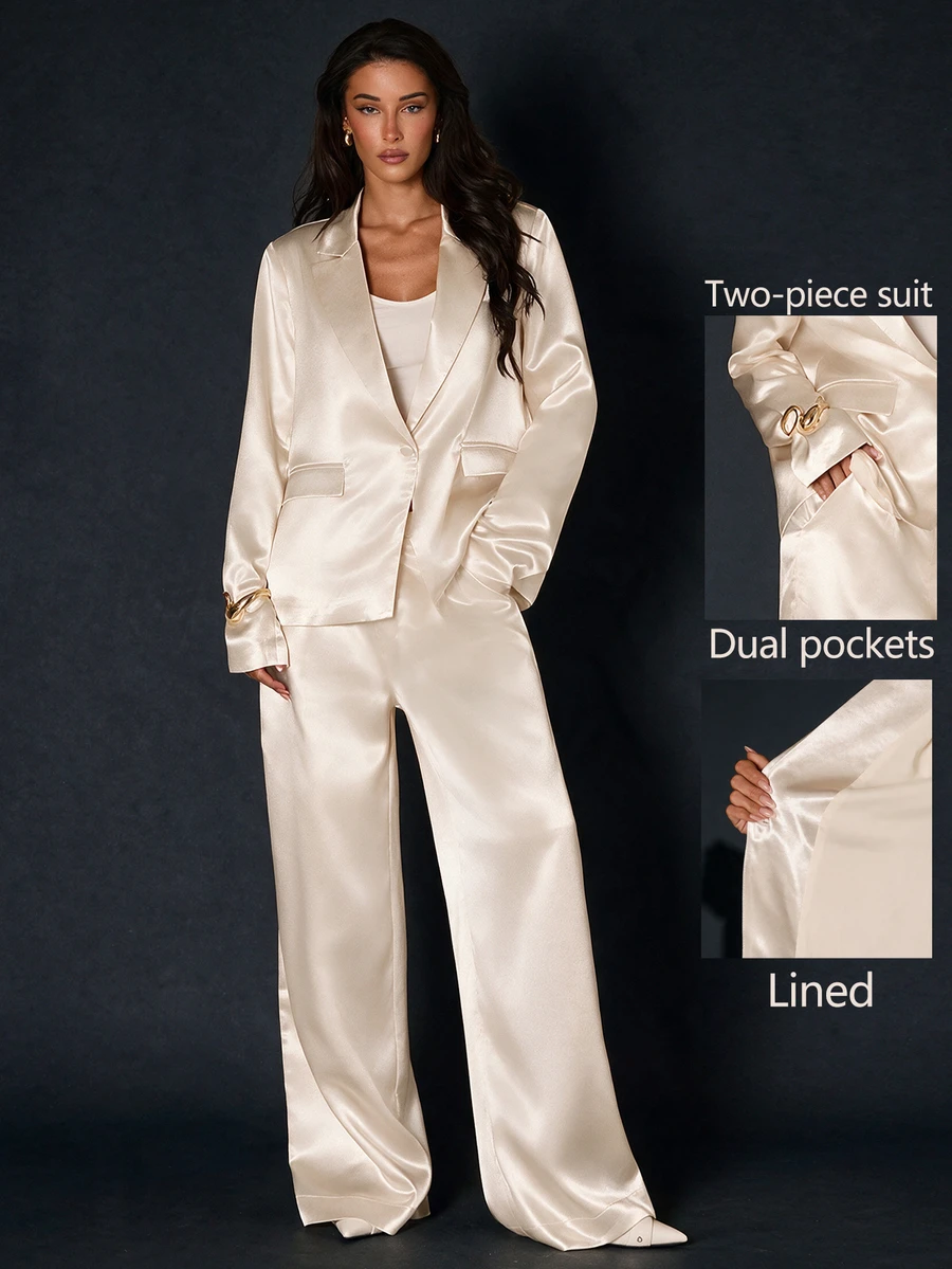 Glamine Women Cream Satin 2 Piece Suit, Lapel Single Button Blazer & Wide Leg Pants Set For Christmas Wedding Guest Formal Party Outfit