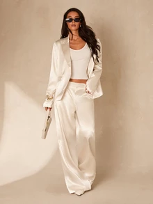 Glamine Women Cream Satin 2 Piece Suit, Lapel Single Button Blazer & Wide Leg Pants Set For Christmas Wedding Guest Formal Party Outfit - White - View 5