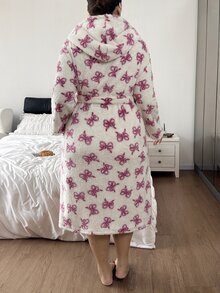 Napfluff CURVE Napfluff CURVE Plus Size Women Cute Plush Bow Print Hooded Robe Autumn Winter - Multicolor - View 2