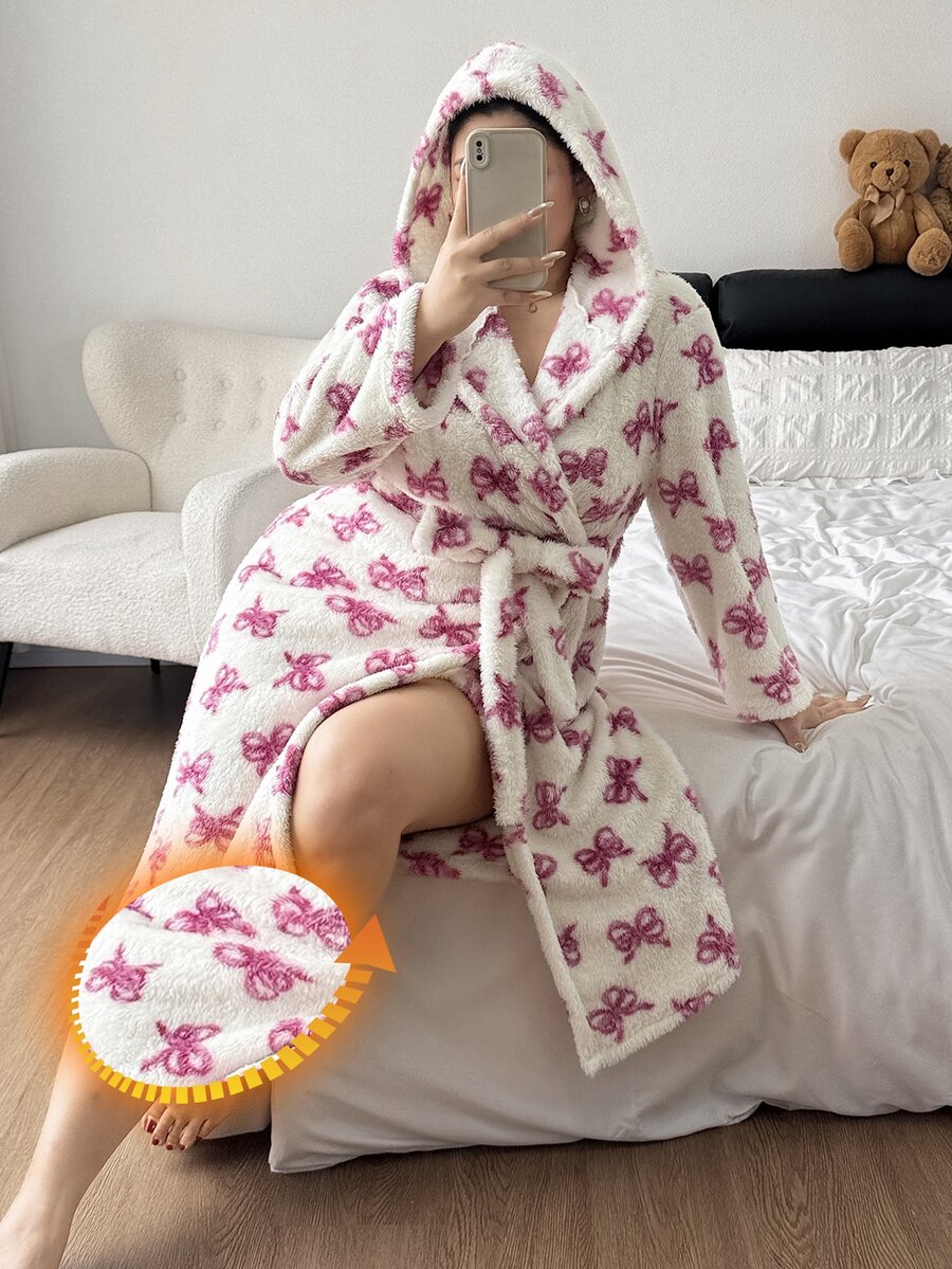 Napfluff CURVE Napfluff CURVE Plus Size Women Cute Plush Bow Print Hooded Robe Autumn Winter - Multicolor - View 1