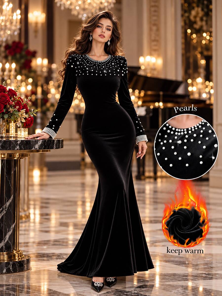 Modelyn Elegant Round Neck Velvet Pearl Beaded Long Sleeve Bodycon Mermaid Party Dress - Black - View 1