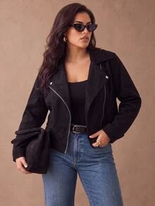 Juhart Plus Size Solid Color Zip-Up Casual Versatile Long Sleeve Jacket Fall Winter Cloth For Women Autumn - Black - View 1