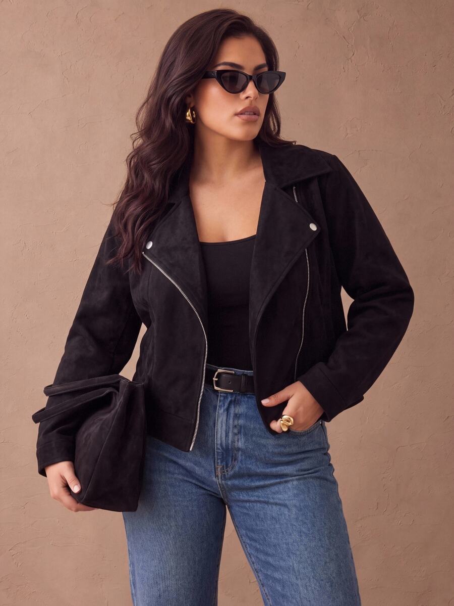 Juhart Plus Size Solid Color Zip-Up Casual Versatile Long Sleeve Jacket Fall Winter Cloth For Women Autumn - Black - View 1